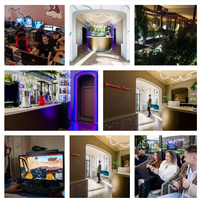 Colaj de imagini, ce reprezinta DiscoveryArena, Bar, Terasa, Sala de Gaming, Bauturi, PS5 si PC.